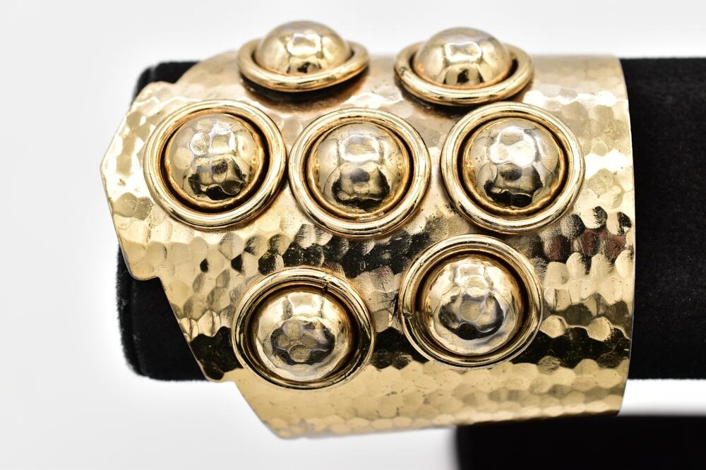 Vintage 1980s Gold Hammered Wide Cuff Bracelet Dome Stud Statement Chunky BinD